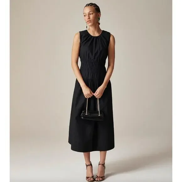 J. Crew | Dresses | Jcrew Petite Smocked Sleeveless Dress Cotton Poplin  Midi A Line Black Xxs P Nwt | Poshmark